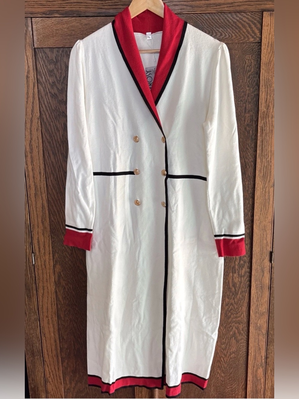 Women's Oyrosy Cream Long Robe with Red Trim Large